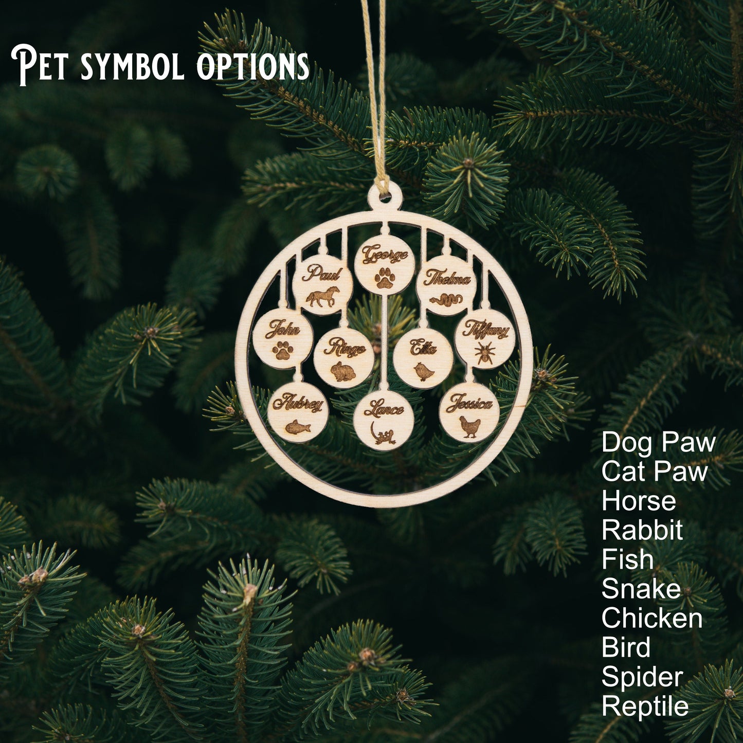 Family Name Custom Wood Ornament-With Year And Pet Names-Unfinished Wood Ornament-Merry Christmas-Holiday Ornament-Custom Gifts-Etched Names