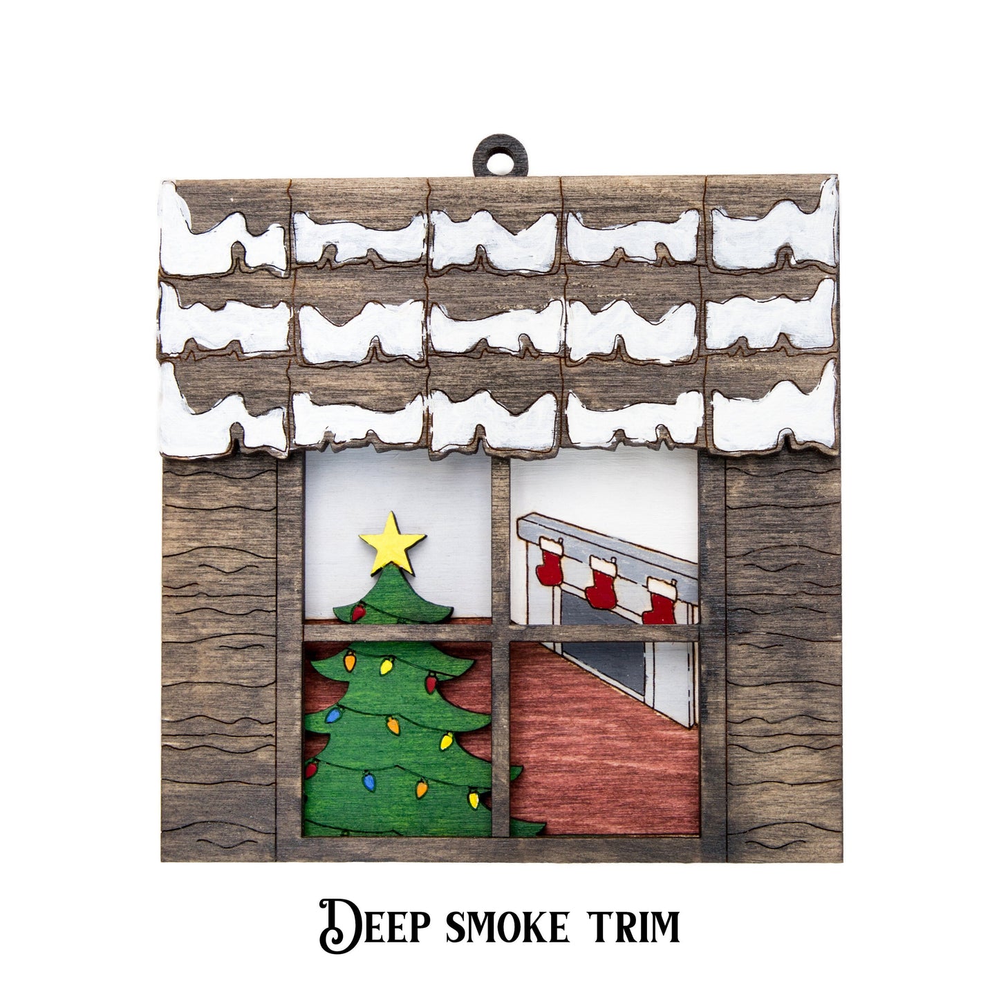 Christmas Window Hand Painted Wood Ornament-3D Ornament-Two Color Options-Holiday Home Decor-Stained Holiday Fireplace Tree Decor-Snowy