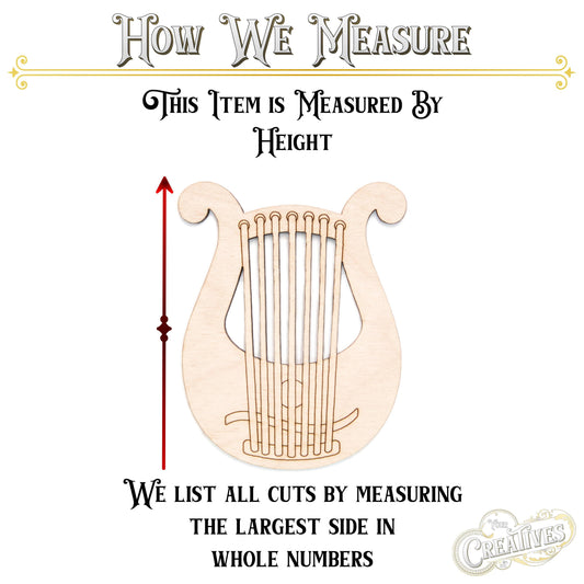 Lyre Harp Wood Cutout - Laser Cut Unfinished Craft Shape - Multiple Sizes