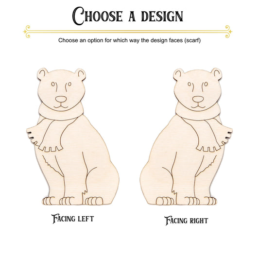 Polar Bear With Scarf Detailed Wood Cutout - Laser Cut Unfinished Craft Shape - Multiple Sizes
