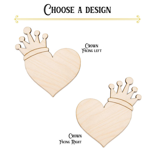 Heart With Crown Wood Cutout - Laser Cut Unfinished Craft Shape - Multiple Sizes