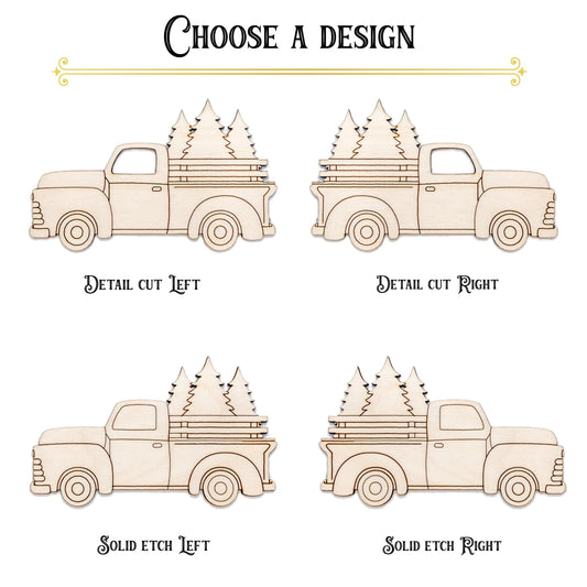 Vintage Holiday Truck Side View Detailed Wood Cutout - Laser Cut Unfinished Craft Shape - Multiple Sizes