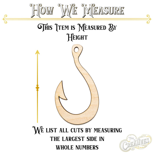 Fish Hook Wood Cutout - Laser Cut Unfinished Craft Shape - Multiple Sizes