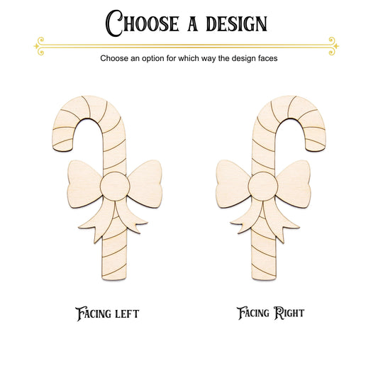 Candy Cane With Bow Detailed Wood Cutout - Laser Cut Unfinished Craft Shape - Multiple Sizes