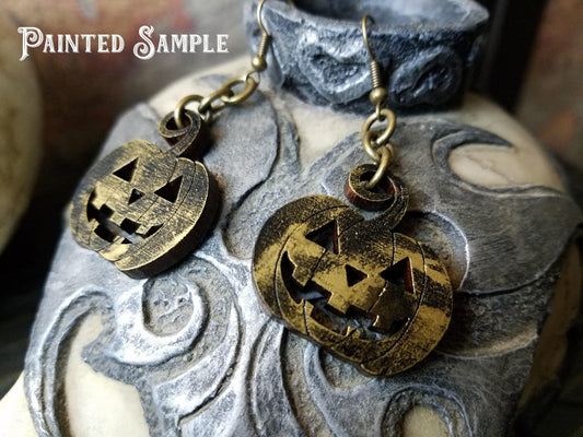 Jack O Lantern Earrings Detailed Wood Cutout - Laser Cut Unfinished Craft Shape - Multiple Sizes