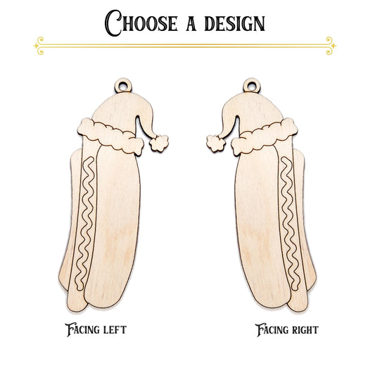 Hotdog With Santa Hat Wood Ornament - Laser Cut Unfinished Christmas Ornament - Multiple Sizes