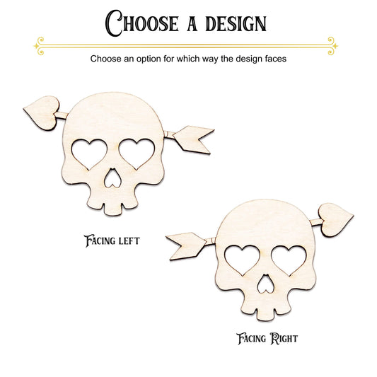 Cute Skull Heart Eyes With Arrow Wood Cutout - Laser Cut Unfinished Craft Shape - Multiple Sizes