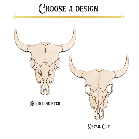 Cow Skull Detailed Wood Cutout - Laser Cut Unfinished Craft Shape - Multiple Sizes