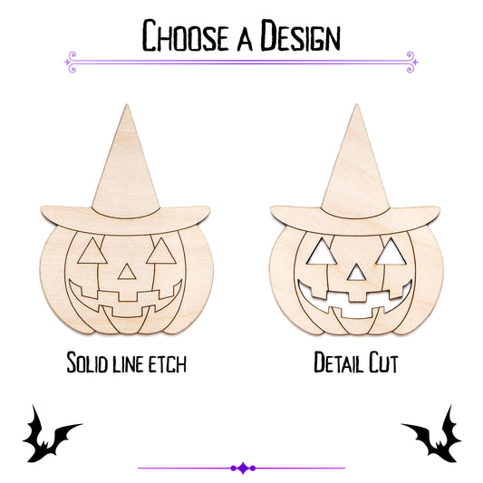 Jack O Lantern With Witch Hat Detailed Wood Cutout - Laser Cut Unfinished Craft Shape - Multiple Sizes