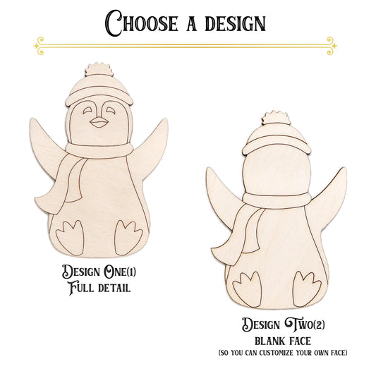 Winter Penguins With Scarves Wood Cutout - Laser Cut Unfinished Craft Shape - Multiple Sizes
