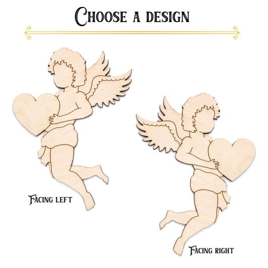 Cupid With Heart Wood Cutout - Laser Cut Unfinished Craft Shape - Multiple Sizes