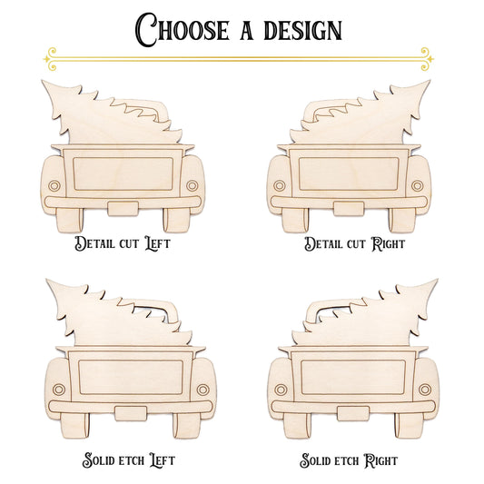 Vintage Truck Back Side With Tree Detailed Wood Cutout - Laser Cut Unfinished Craft Shape - Multiple Sizes