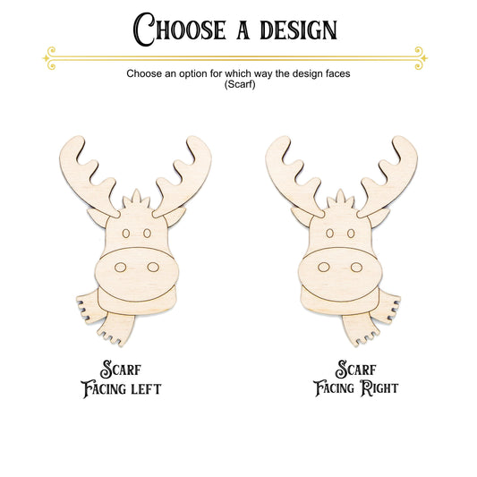 Moose With Scarf Wood Cutout - Laser Cut Unfinished Craft Shape - Multiple Sizes
