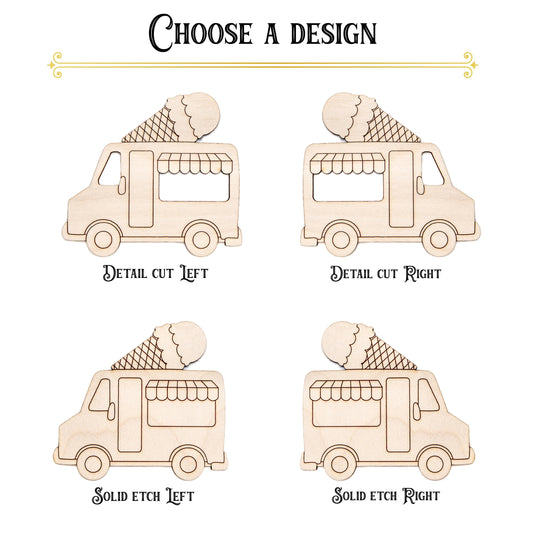 Ice Cream Truck Two Scoops Detailed Wood Cutout - Laser Cut Unfinished Craft Shape - Multiple Sizes