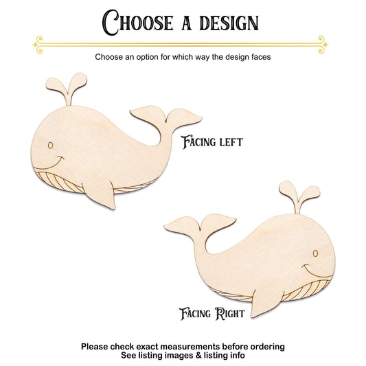 Whale Cute Detailed Wood Cutout - Laser Cut Unfinished Craft Shape - Multiple Sizes