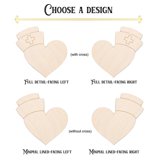 Heart With Nurse Hat Wood Cutout - Laser Cut Unfinished Craft Shape - Multiple Sizes