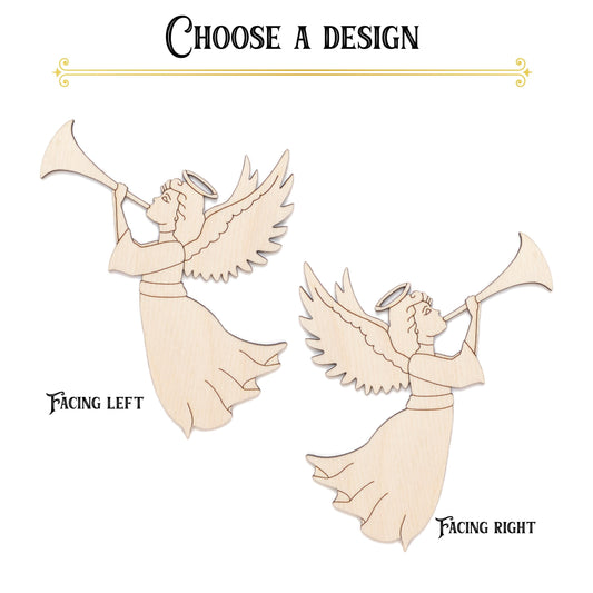 Angel With Trumpet Wood Cutout - Laser Cut Unfinished Craft Shape - Multiple Sizes