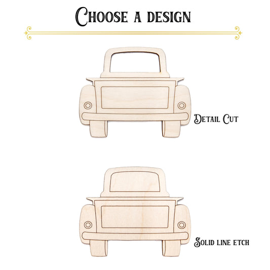 Vintage Truck Back View Detailed Wood Cutout - Laser Cut Unfinished Craft Shape - Multiple Sizes
