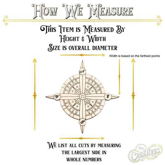 Pointed Compass Detailed Wood Cutout - Laser Cut Unfinished Craft Shape - Multiple Sizes