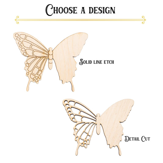 Tailed Butterfly Half Solid Wood Cutout - Laser Cut Unfinished Craft Shape - Multiple Sizes
