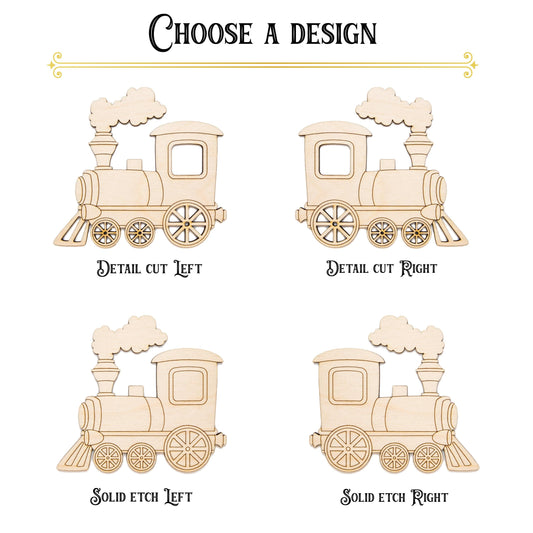 Steam Train Side View Detailed Wood Cutout - Laser Cut Unfinished Craft Shape - Multiple Sizes