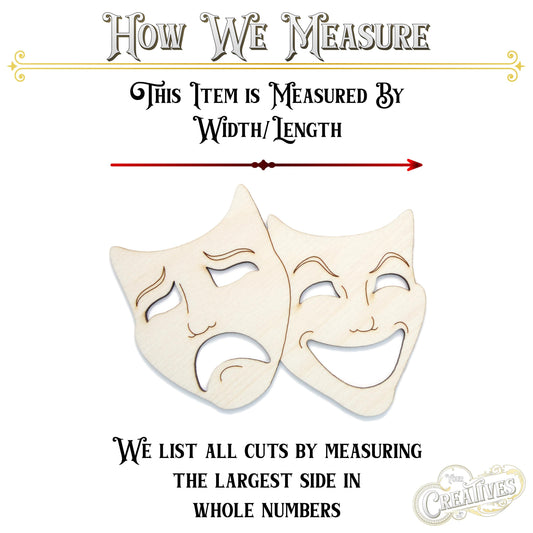 Theater Masks Detailed Wood Cutout - Laser Cut Unfinished Craft Shape - Multiple Sizes