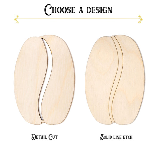 Coffee Bean Detailed Wood Cutout - Laser Cut Unfinished Craft Shape - Multiple Sizes