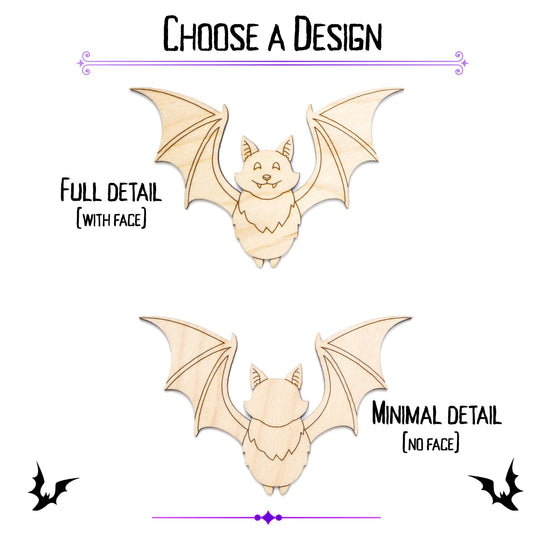 Cute Flying Bat Detailed Wood Cutout - Laser Cut Unfinished Craft Shape - Multiple Sizes