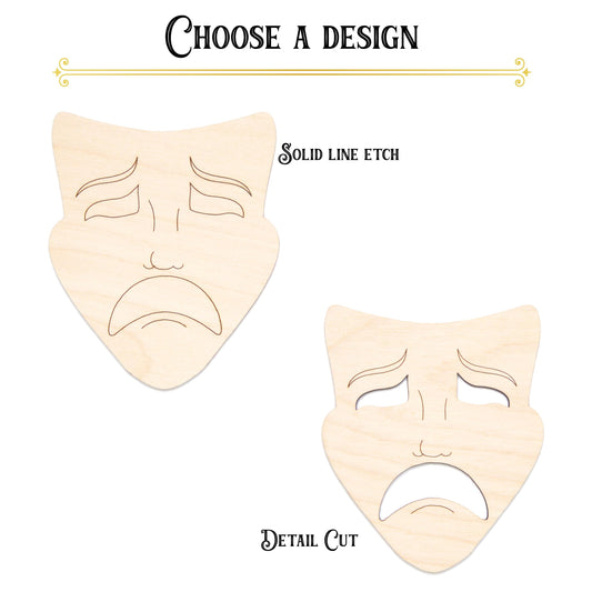 Theater Mask Sad Wood Cutout - Laser Cut Unfinished Craft Shape - Multiple Sizes