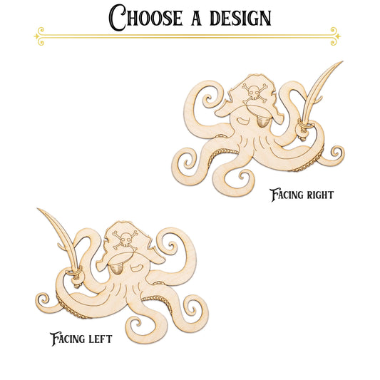 Pirate Octopus Wood Cutout - Laser Cut Unfinished Craft Shape - Multiple Sizes