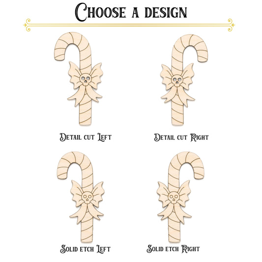 Candy Cane With Skull Bow Wood Cutout - Laser Cut Unfinished Craft Shape - Multiple Sizes