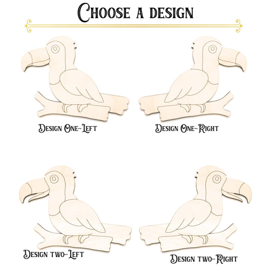Toucan On Branch Facing Forward Wood Cutout - Laser Cut Unfinished Craft Shape - Multiple Sizes