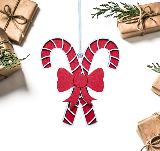 Candy Canes With Bow Painted Wood Ornament-Sweets Decor-Red And White-Holiday Decor-Three Layer Piece-Christmas Tree Ornament-Festive-3D