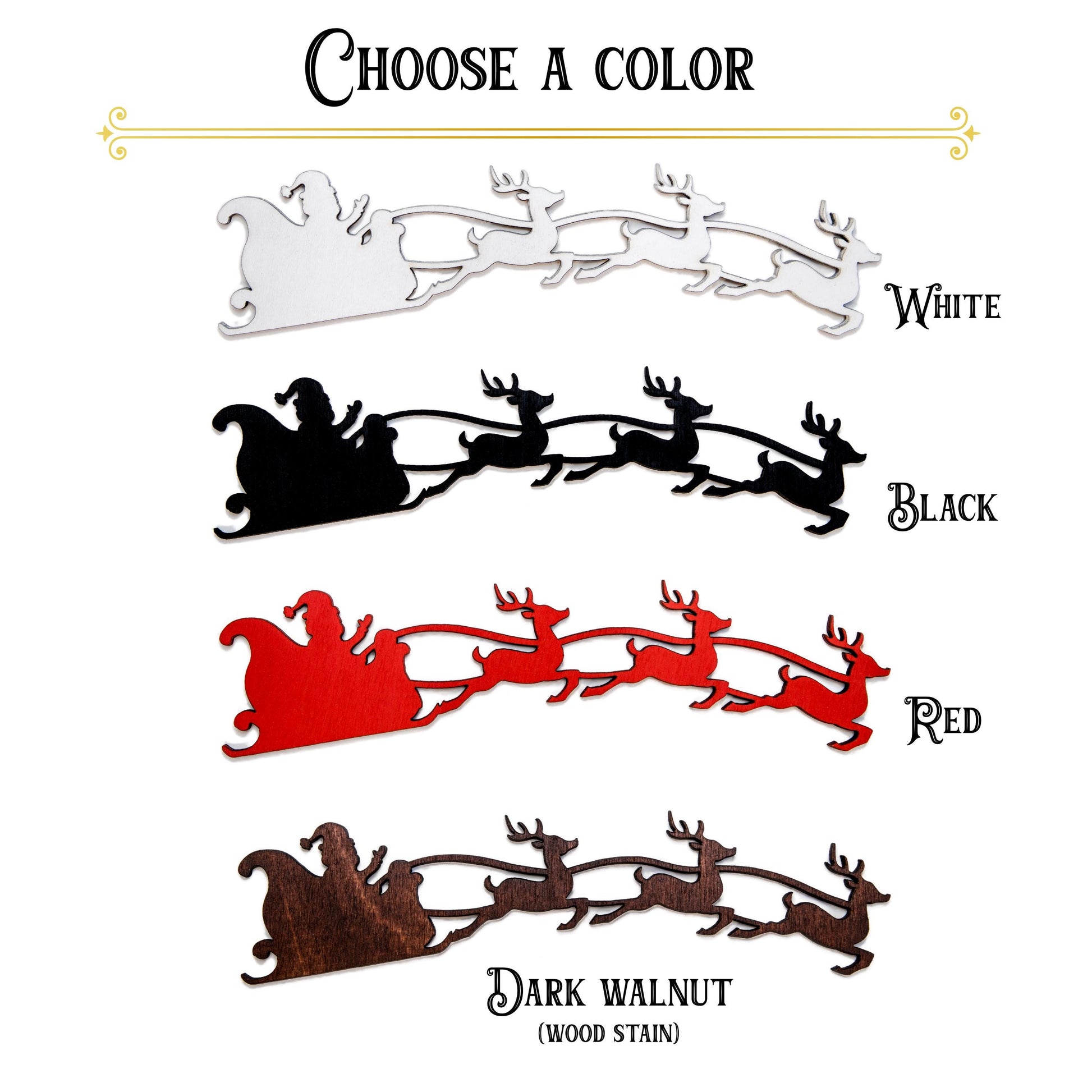 Santa Sleigh And Flying Reindeer Painted Wood Cutout - Laser Cut Craft Shape - Multiple Sizes