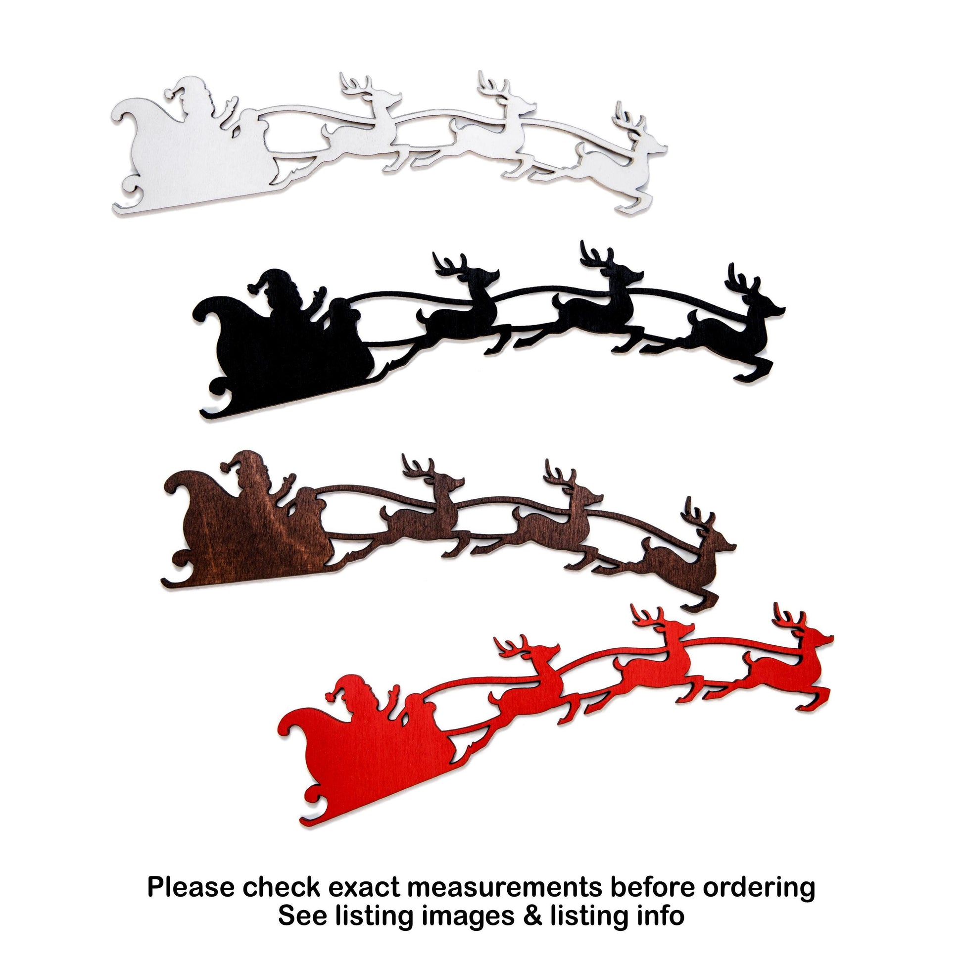 Santa Sleigh And Flying Reindeer Painted Wood Cutout - Laser Cut Craft Shape - Multiple Sizes