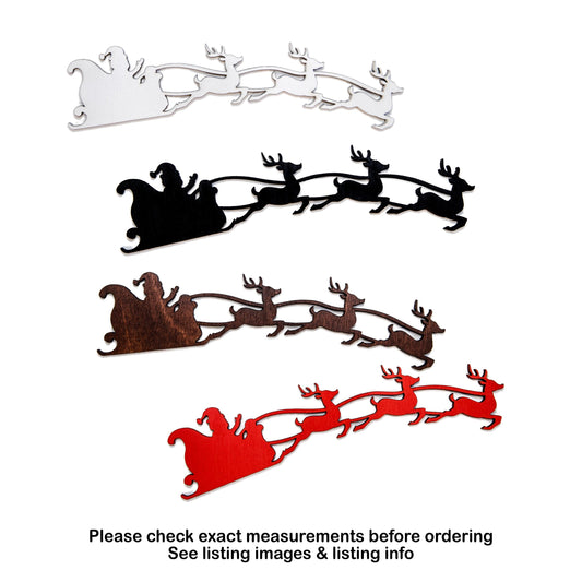 Santa Sleigh And Flying Reindeer Painted Wood Cutout - Laser Cut Craft Shape - Multiple Sizes