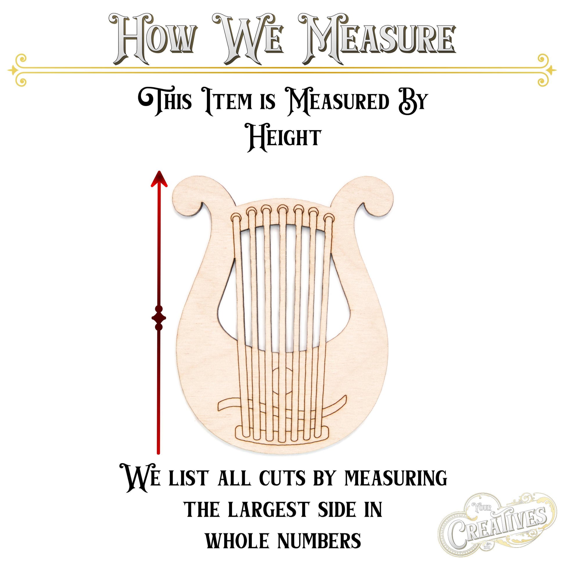 Lyre Harp Wood Cutout - Laser Cut Unfinished Craft Shape - Multiple Sizes