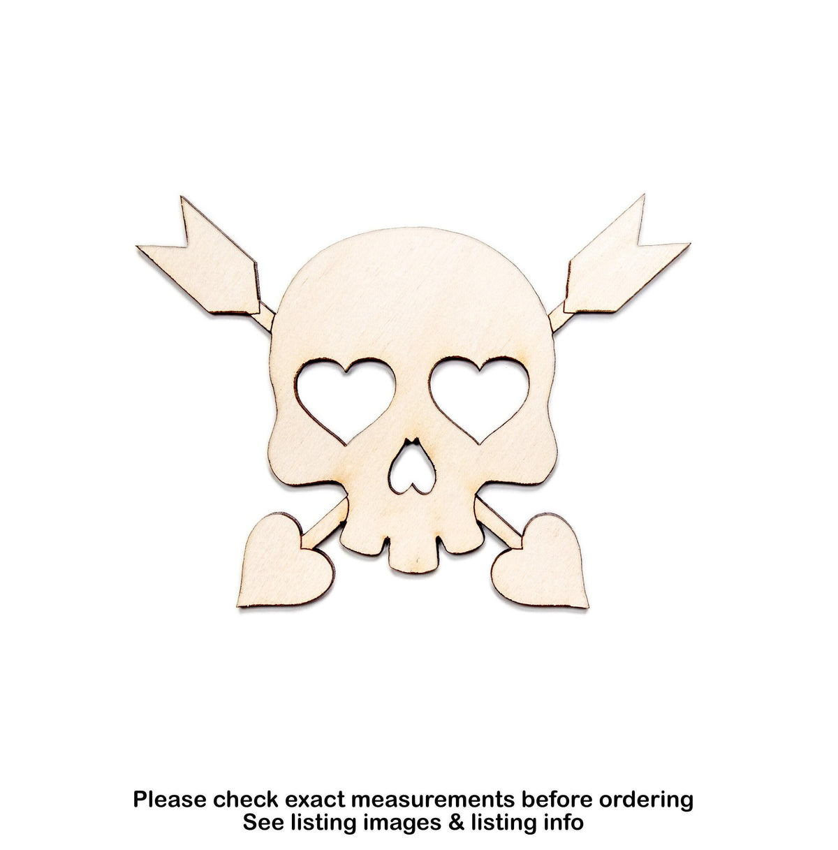 Skull Hearts Crossed Arrows Wood Cutout - Laser Cut Unfinished Craft Shape - Multiple Sizes