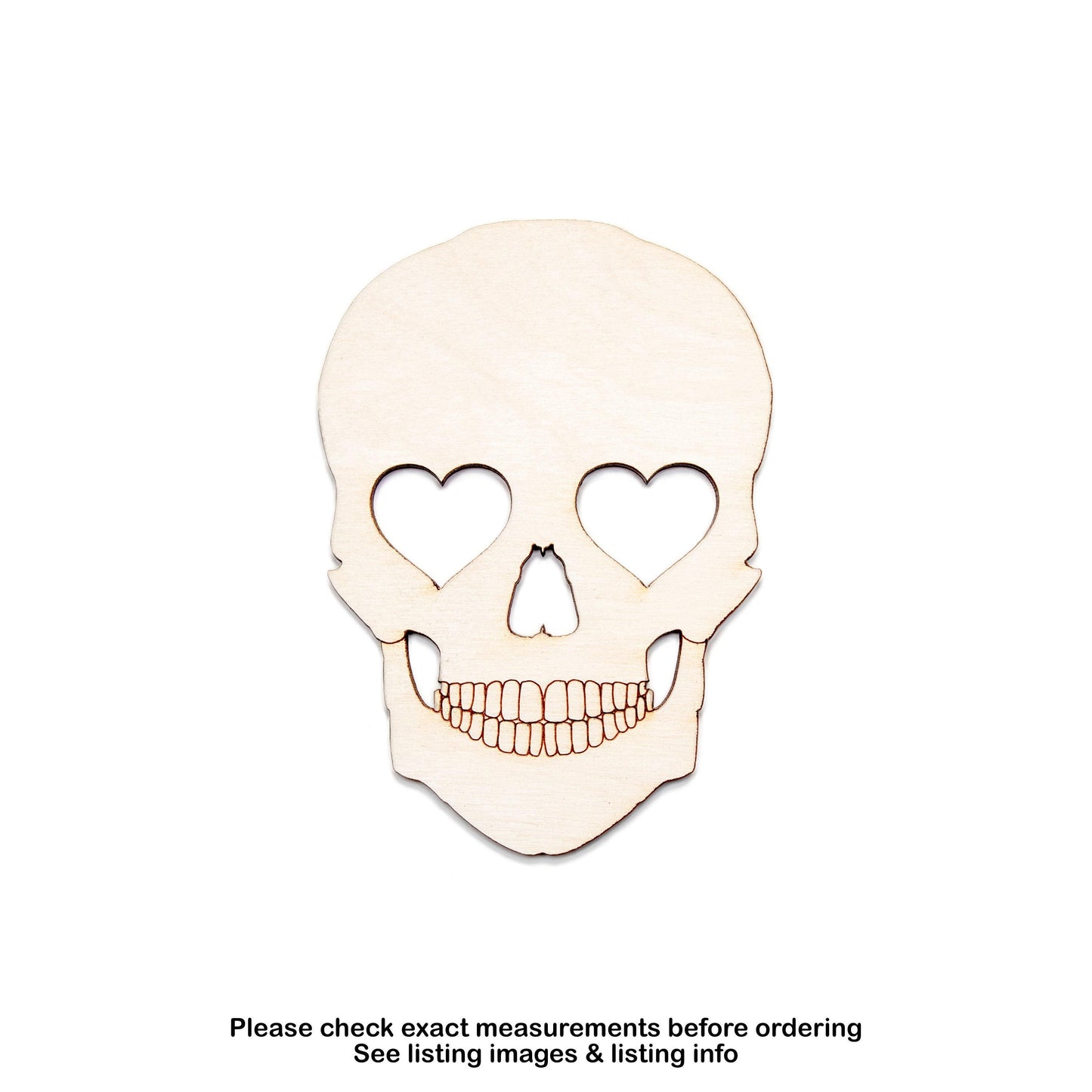Skull With Heart Eyes Wood Cutout - Laser Cut Unfinished Craft Shape - Multiple Sizes