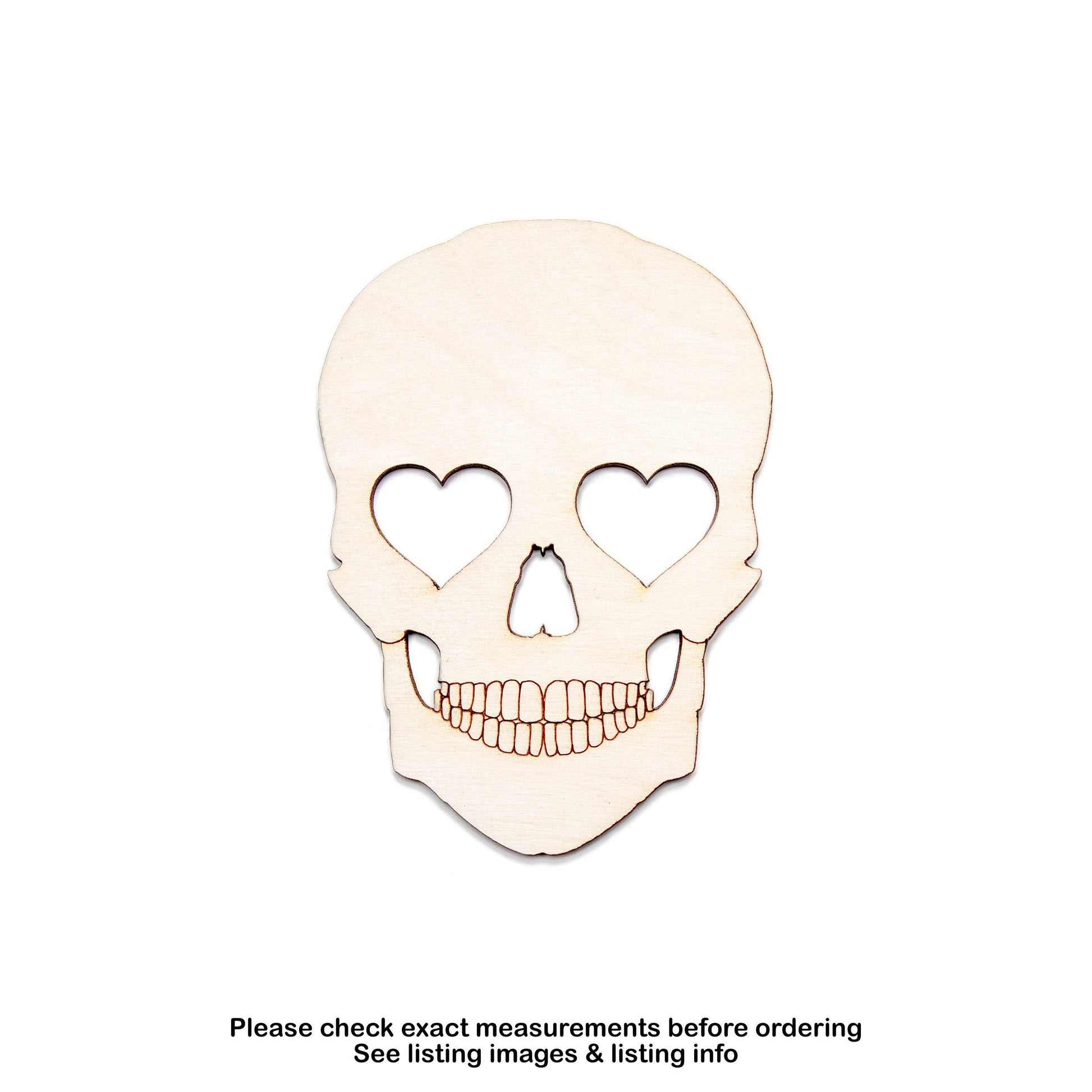 Skull With Heart Eyes Wood Cutout - Laser Cut Unfinished Craft Shape - Multiple Sizes