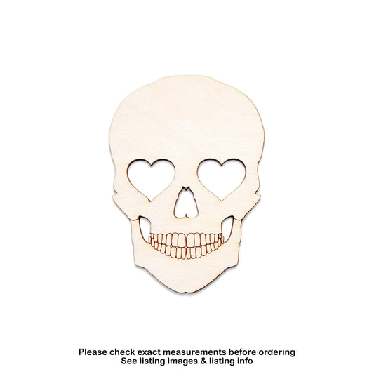 Skull With Heart Eyes Wood Cutout - Laser Cut Unfinished Craft Shape - Multiple Sizes