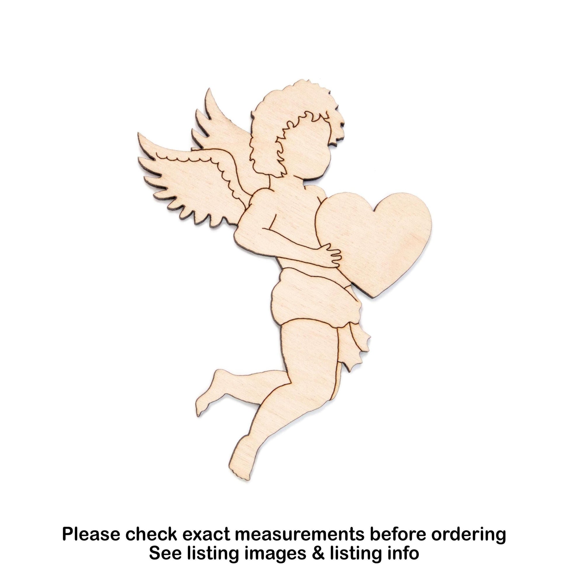 Cupid With Heart Wood Cutout - Laser Cut Unfinished Craft Shape - Multiple Sizes