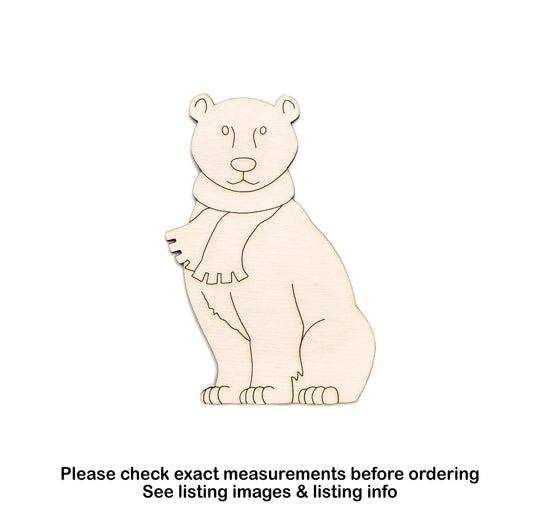 Polar Bear With Scarf Detailed Wood Cutout - Laser Cut Unfinished Craft Shape - Multiple Sizes
