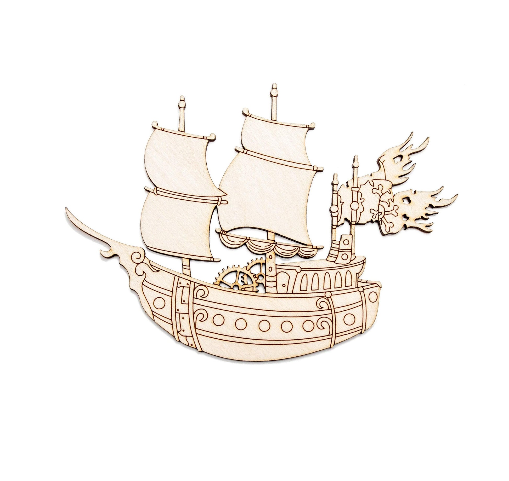 Pirate Ship Detailed Wood Cutout - Laser Cut Unfinished Craft Shape - Multiple Sizes
