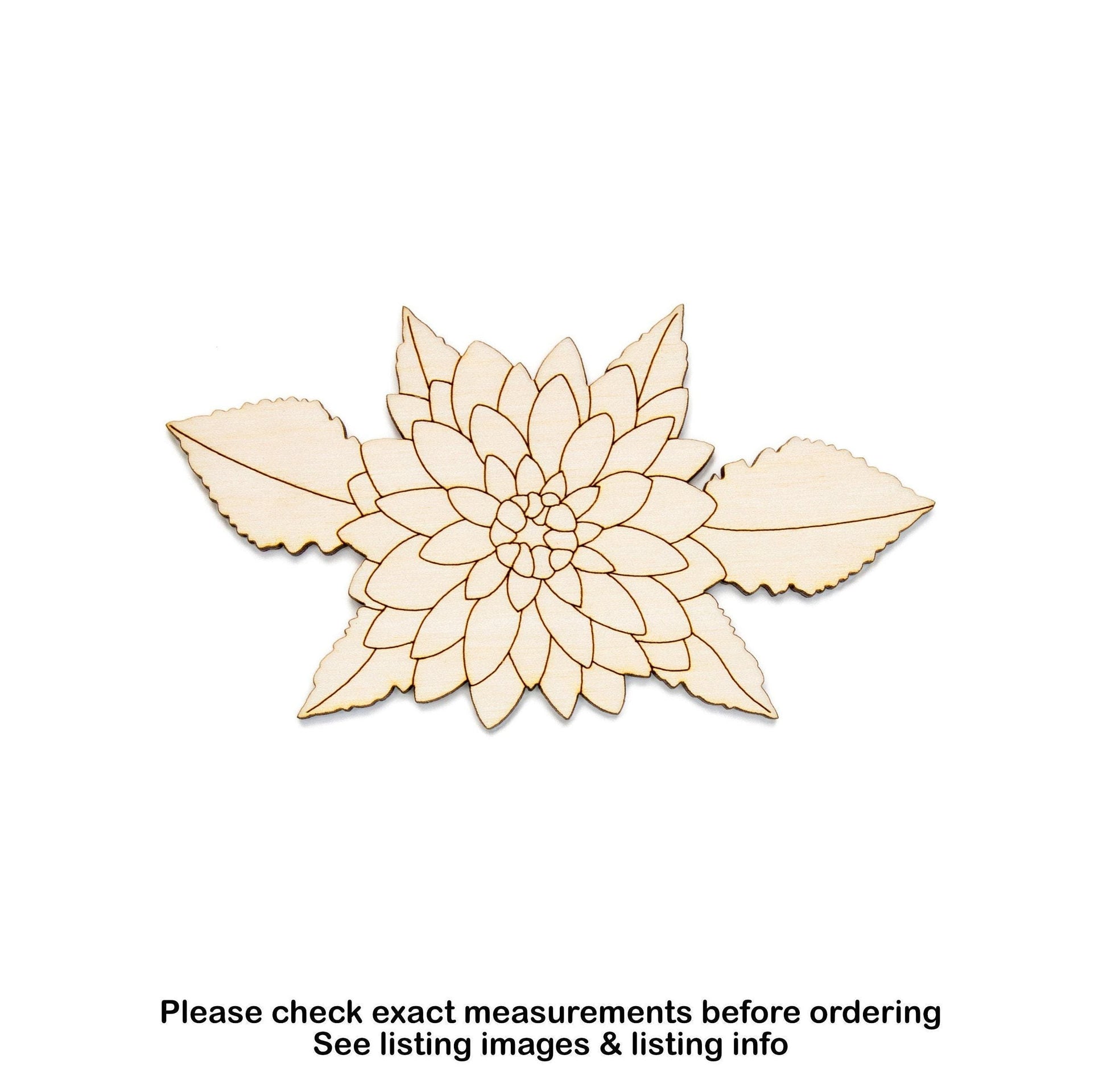 Dahlia With Leaves Detailed Wood Cutout - Laser Cut Unfinished Craft Shape - Multiple Sizes