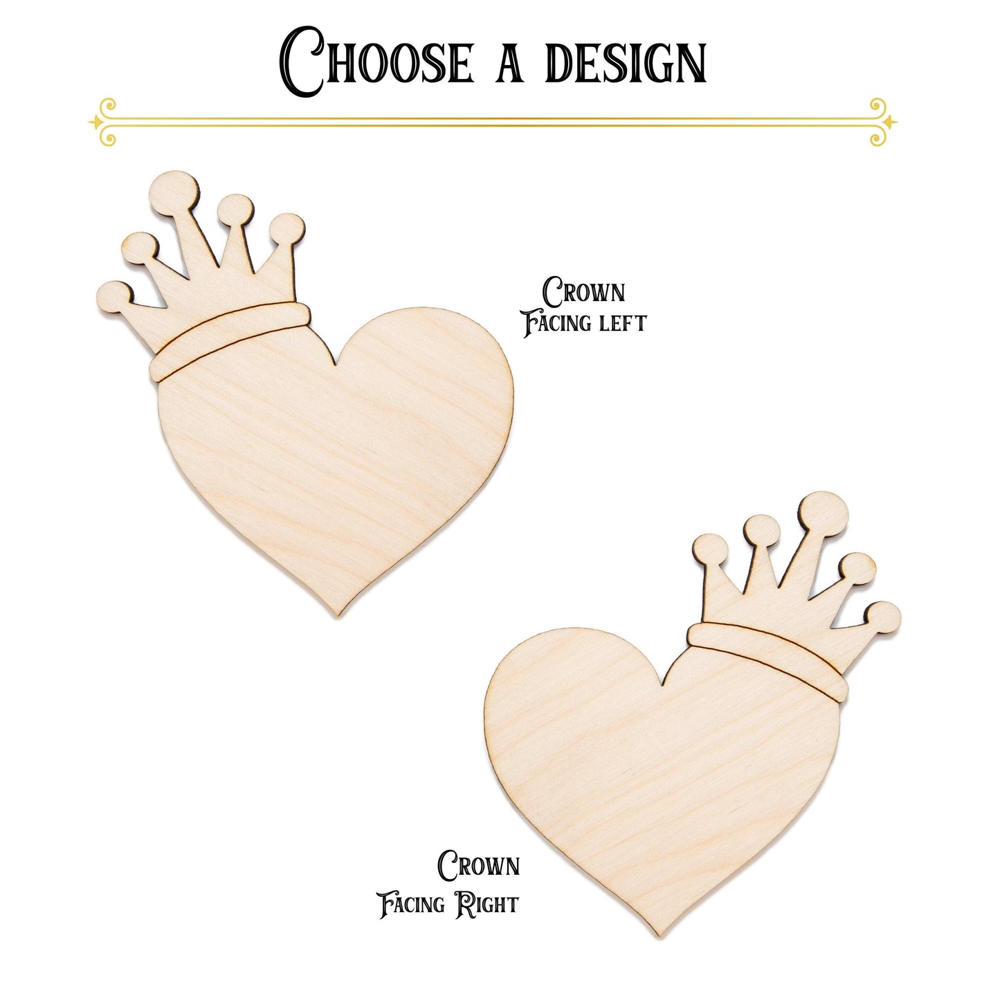 Heart With Crown Wood Cutout - Laser Cut Unfinished Craft Shape - Multiple Sizes
