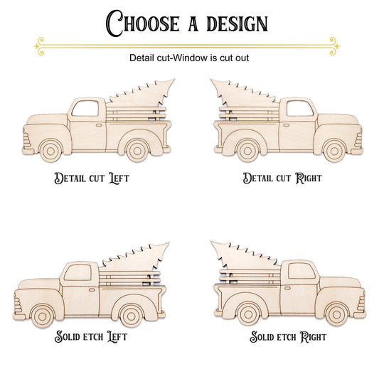 Vintage Truck Side View With Tree Wood Cutout - Laser Cut Unfinished Craft Shape - Multiple Sizes