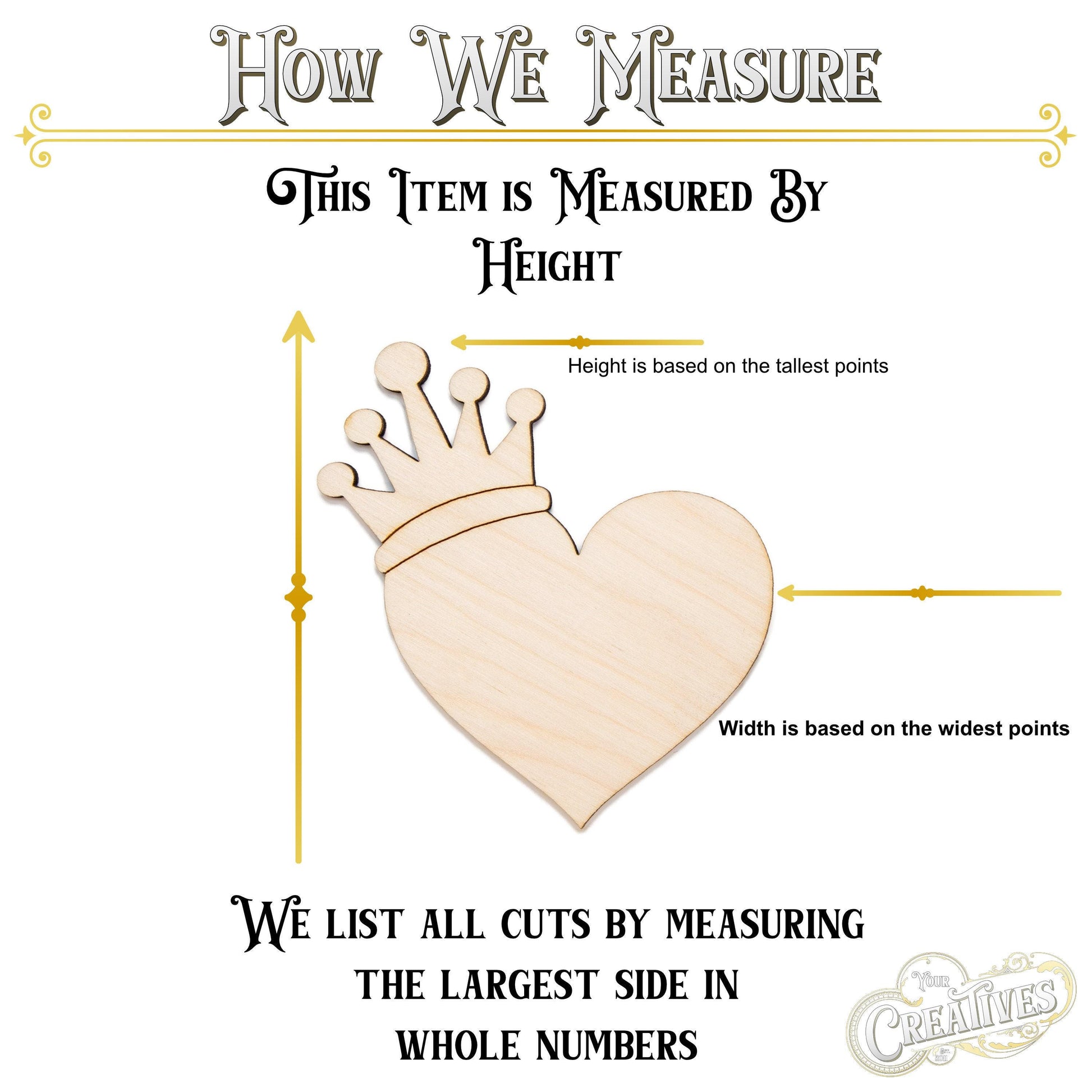 Heart With Crown Wood Cutout - Laser Cut Unfinished Craft Shape - Multiple Sizes