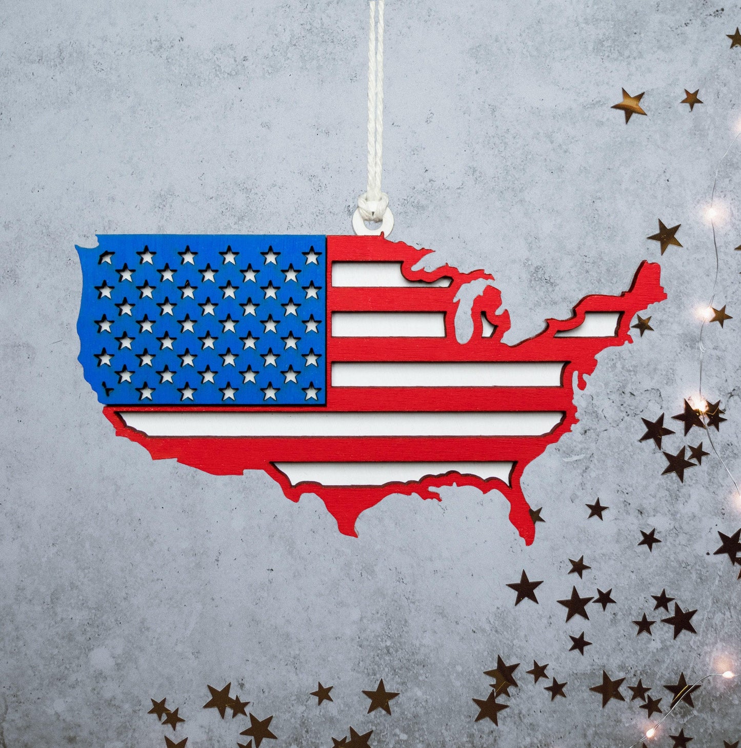 USA Flag Painted Wood Ornament - Laser Cut Patriotic Holiday Craft Shape