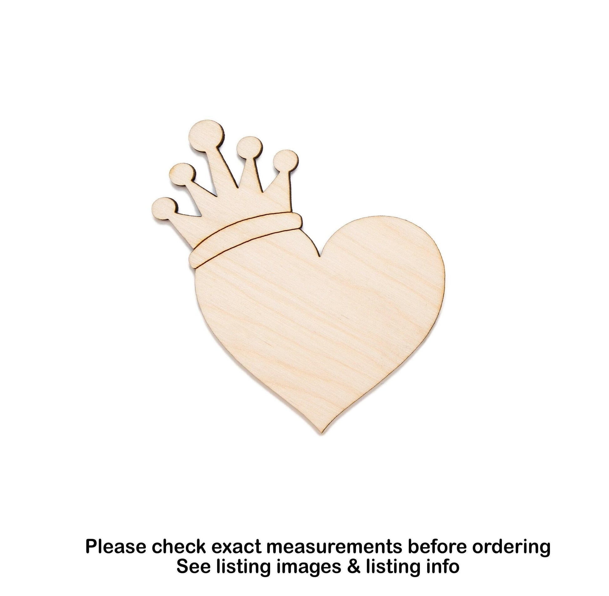 Heart With Crown Wood Cutout - Laser Cut Unfinished Craft Shape - Multiple Sizes